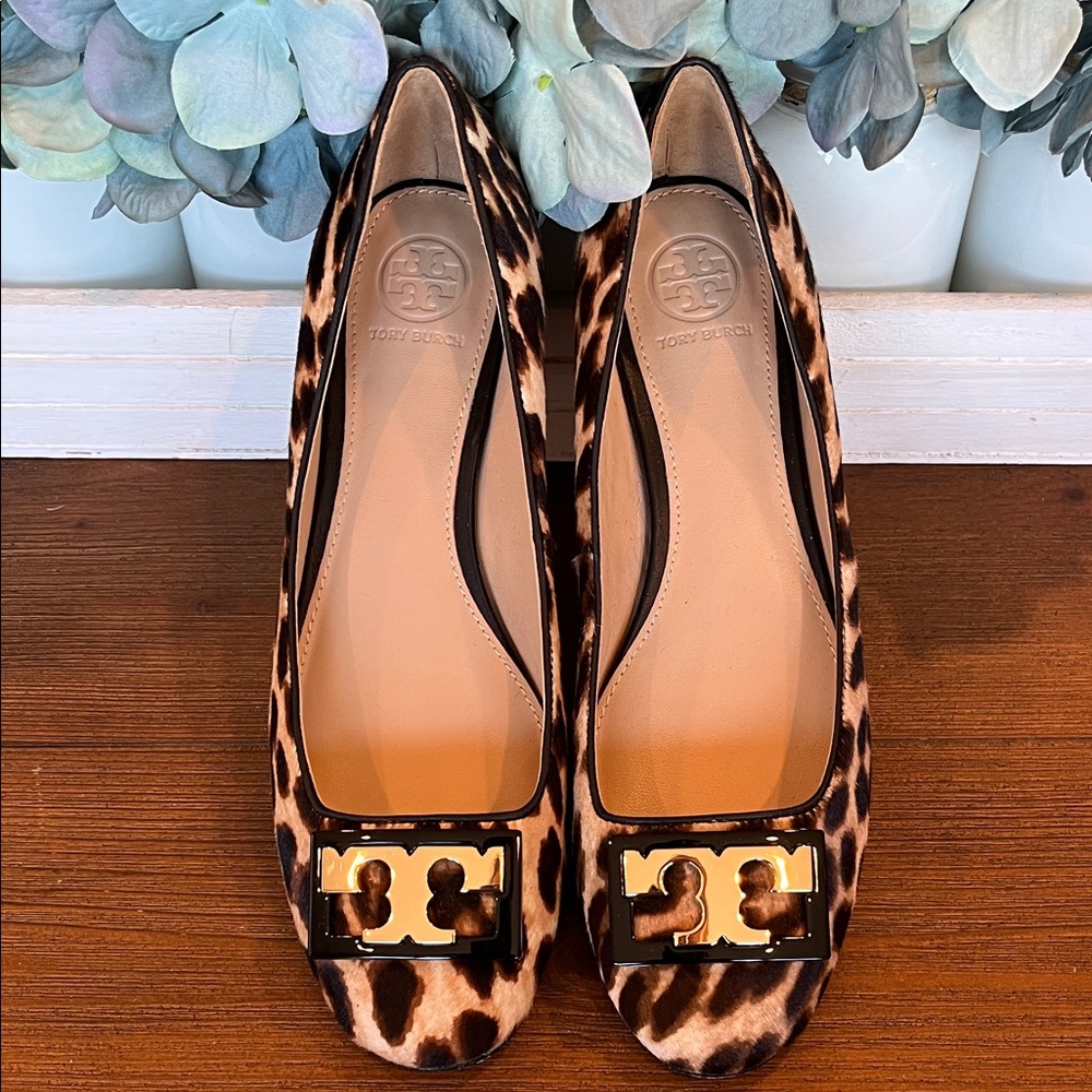 Tory Burch Gigi Pump printed haircalf Natural Leopard Flats with Gold Accents